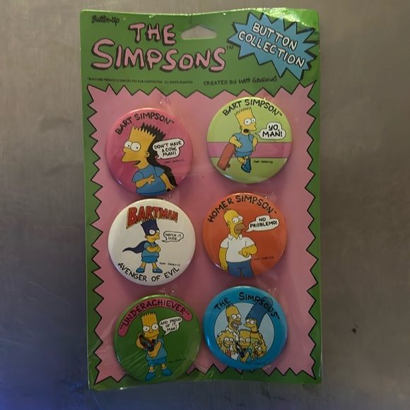 The Simpsons Other - NIB VTG “The Simpsons” 6 Button 1990 Collectible Bart Homer Family Bartman